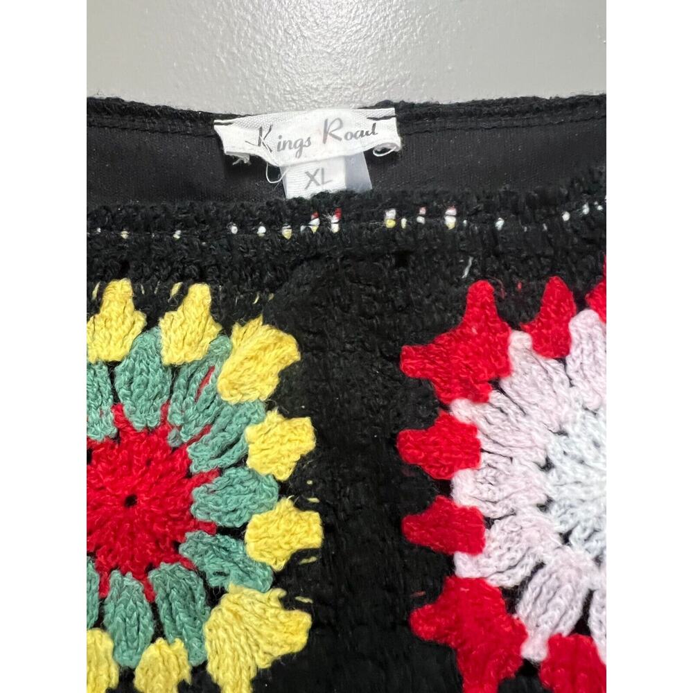 Vtg 70 Crochet granny Square top tiered black long Dress Boho, retro Y2k Sz XL - Picture 5 of 8